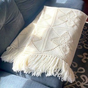 Stunning Large Handmade Crocheted Throw Light Cream Color